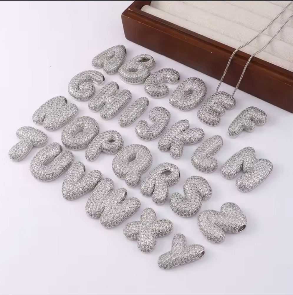 Initial Bubble Letter Pendant Necklace A-Z Alphabet Silver Color Zircon Necklace